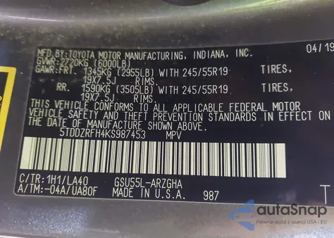 2019 Toyota Highlander Limited z USA, uszkodzony, nr VIN 5TDDZRFH4KS987453